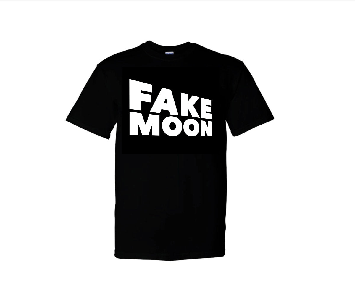 FAKE MOON PERSPECTIVE LOGO - WHITE ON BLACK T-SHIRT